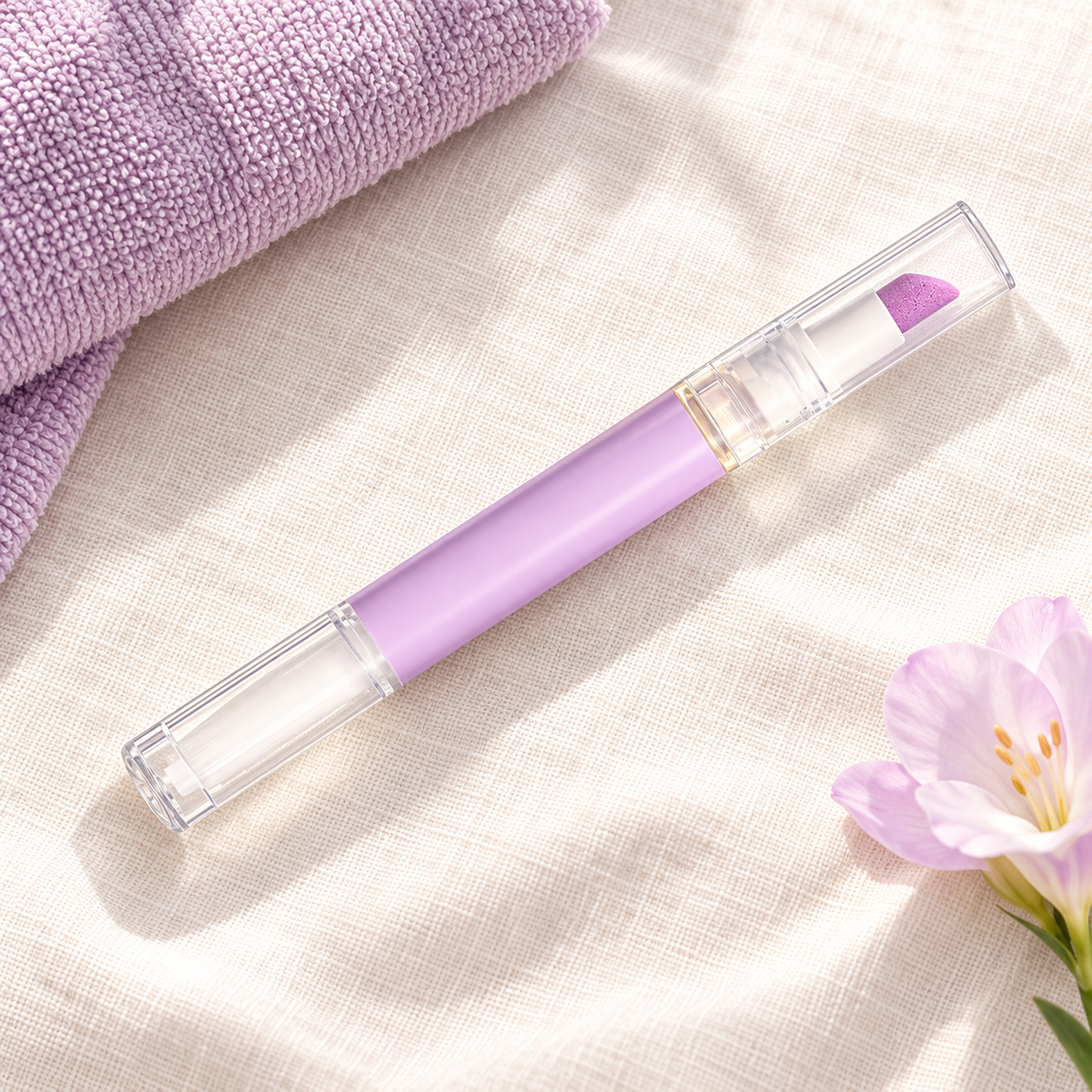 Cuticle oil pusher pen on a soft ivory vanity