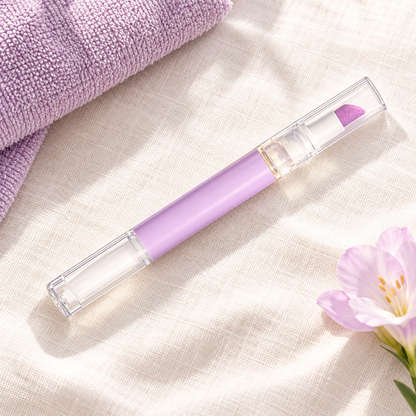 Cuticle oil pusher pen on a soft ivory vanity