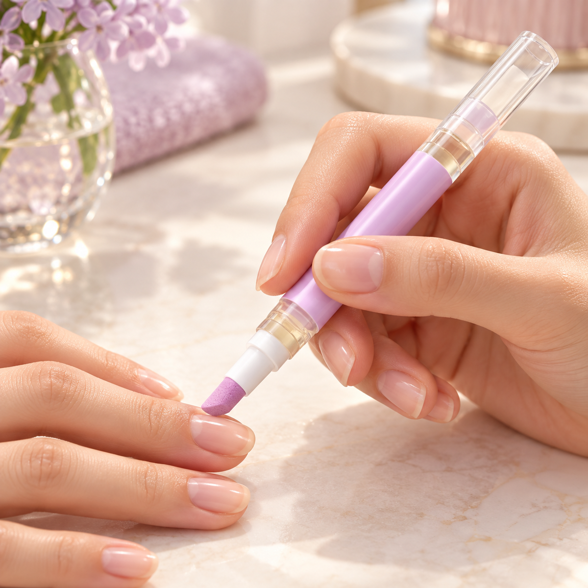 Cuticle oil pusher pen used around a natural nail